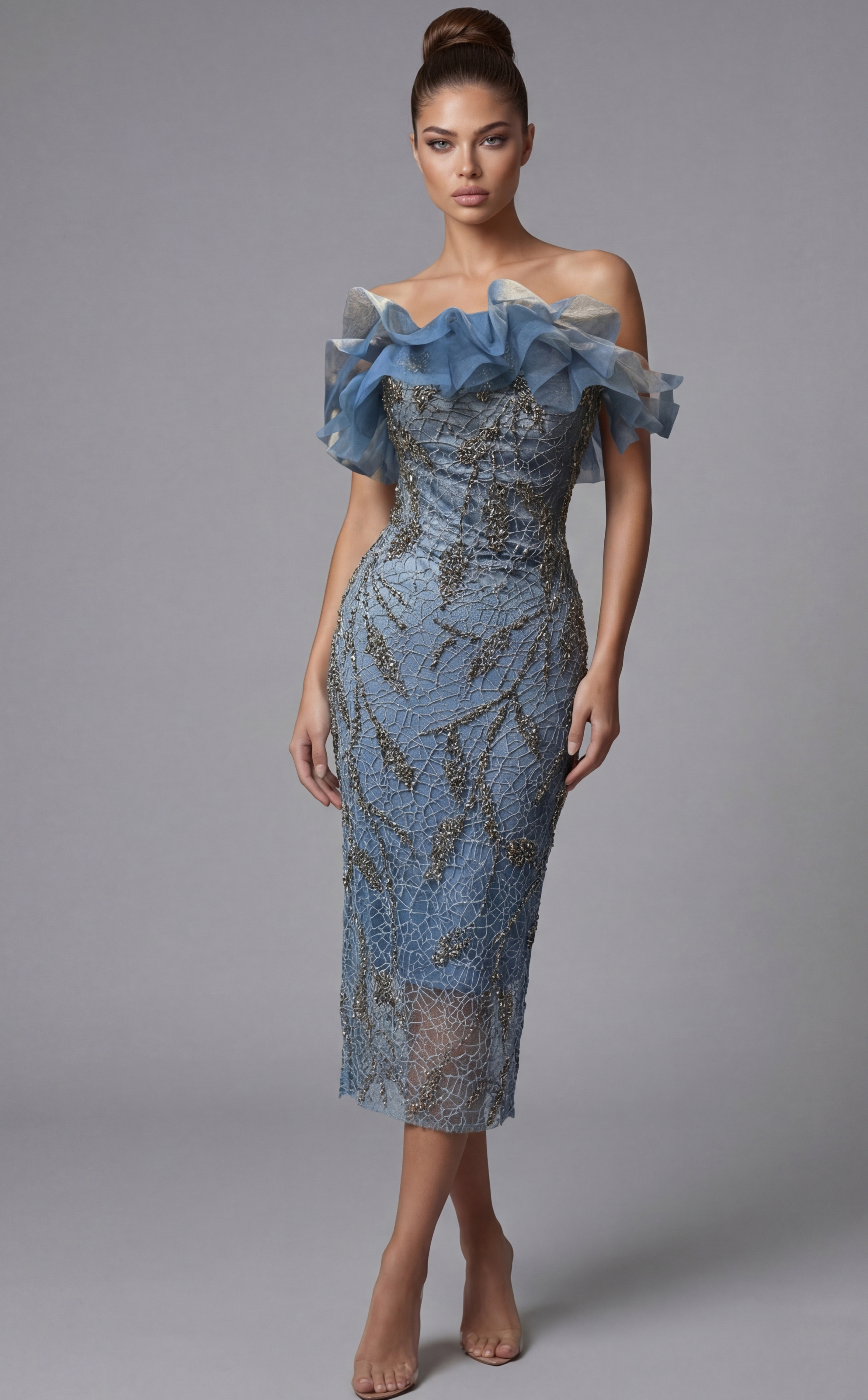 fitted beaded midi dress with sheer mesh overlay