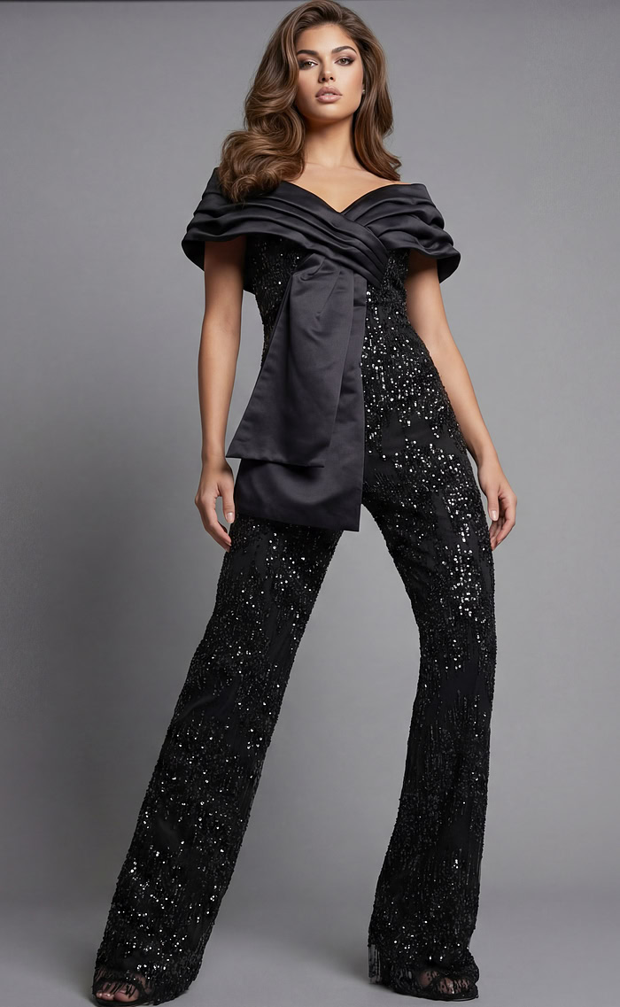 Beaded wide leg jumpsuit with off shoulder draped neckline, structured bodice, and fitted silhouette shown from the front