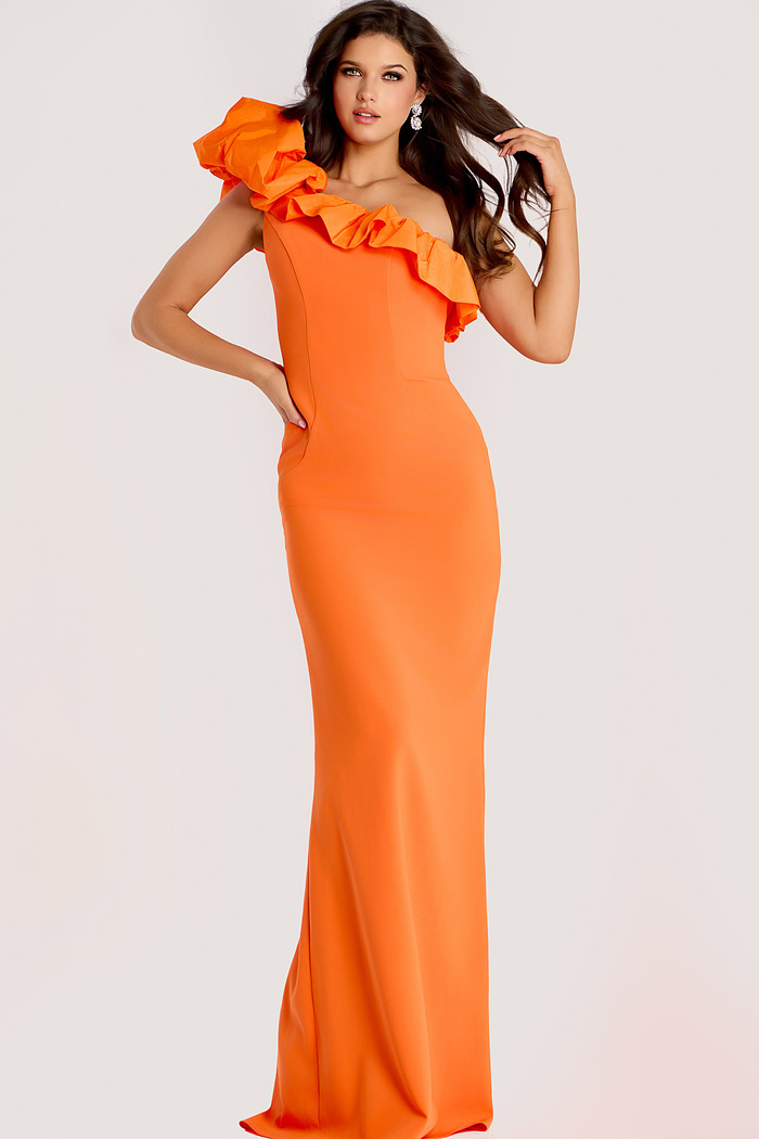 orange one shoulder ruffled fitted dress 44157