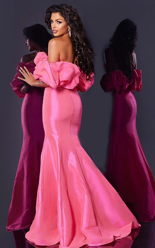 Back view of Jovani 44271, showing pink mermaid silhouette gown with ruffled sleeves.