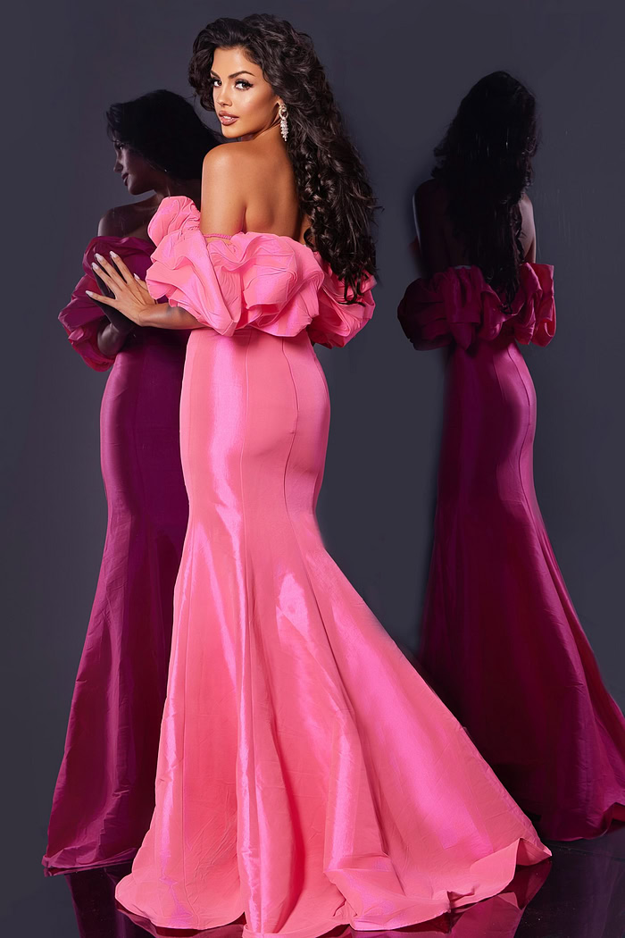 Back view of Jovani 44271, showing pink mermaid silhouette gown with ruffled sleeves.