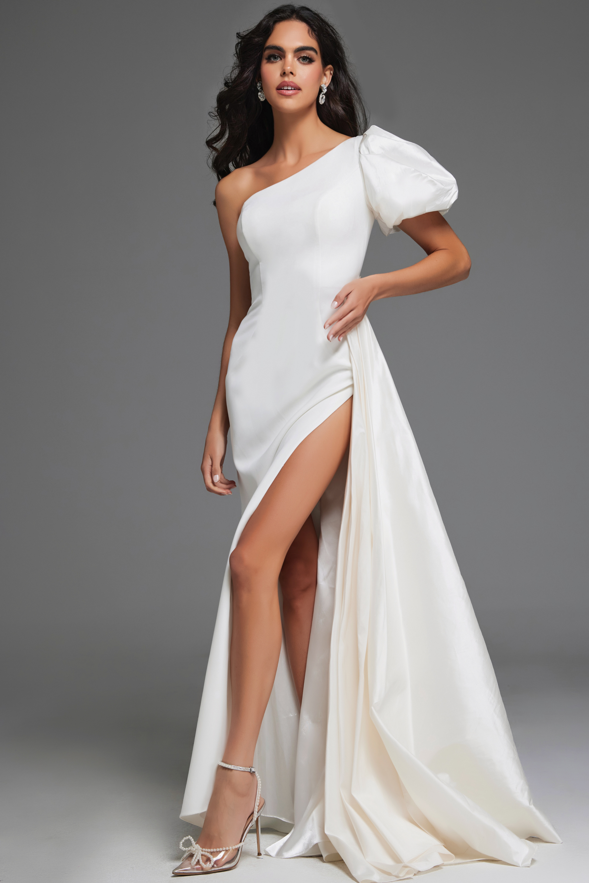 model wearing Jovani 44299 white one-shoulder gown front view