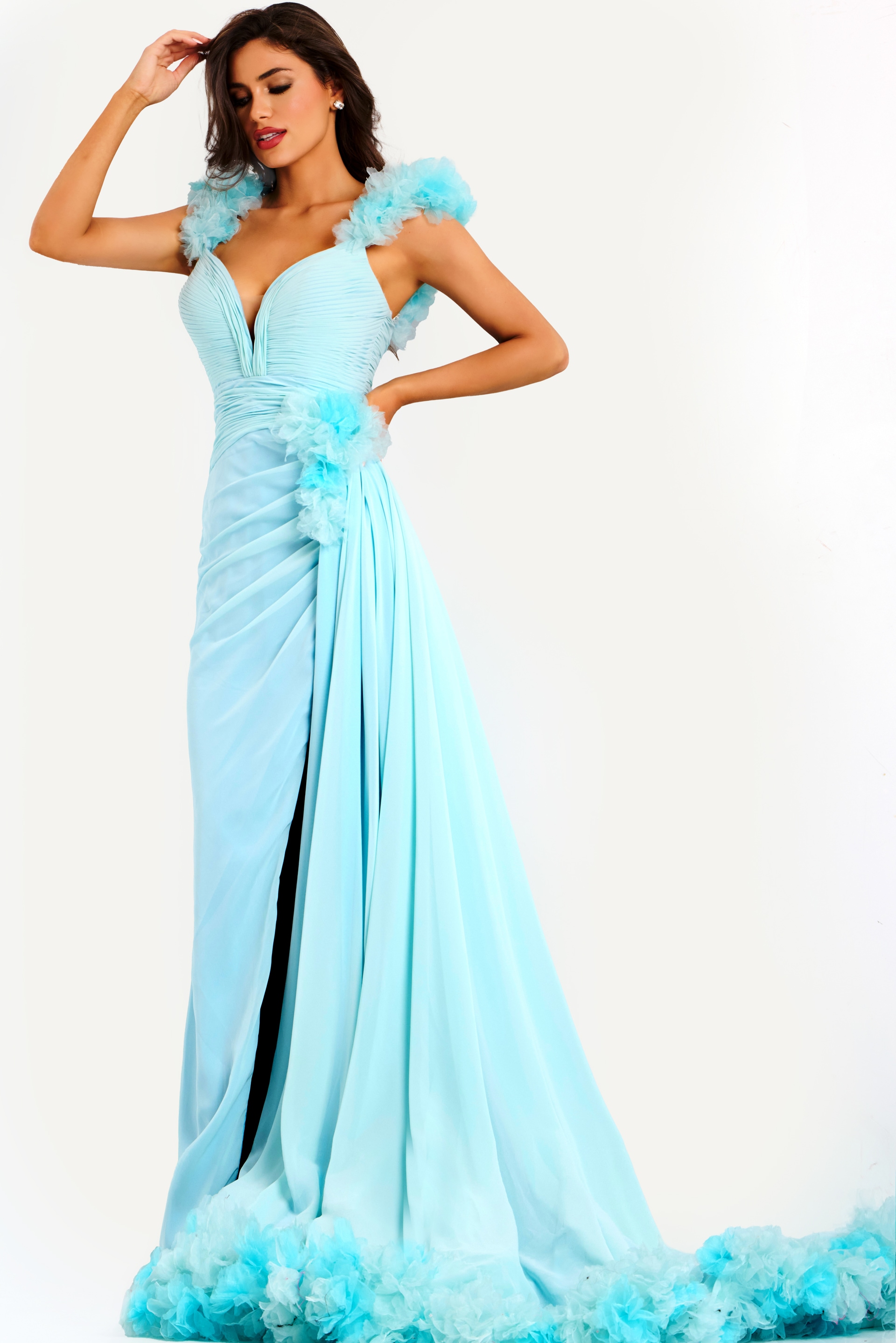 Aqua chiffon gown with ruched bodice and dramatic train