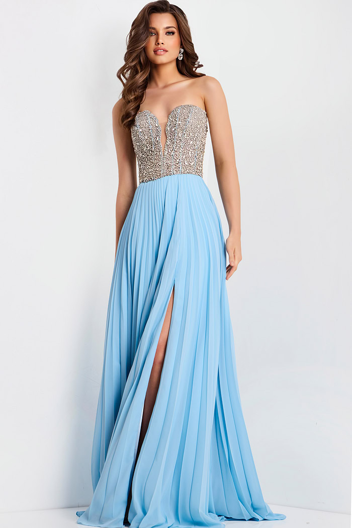 Light blue pleated skirt formal dress 44358