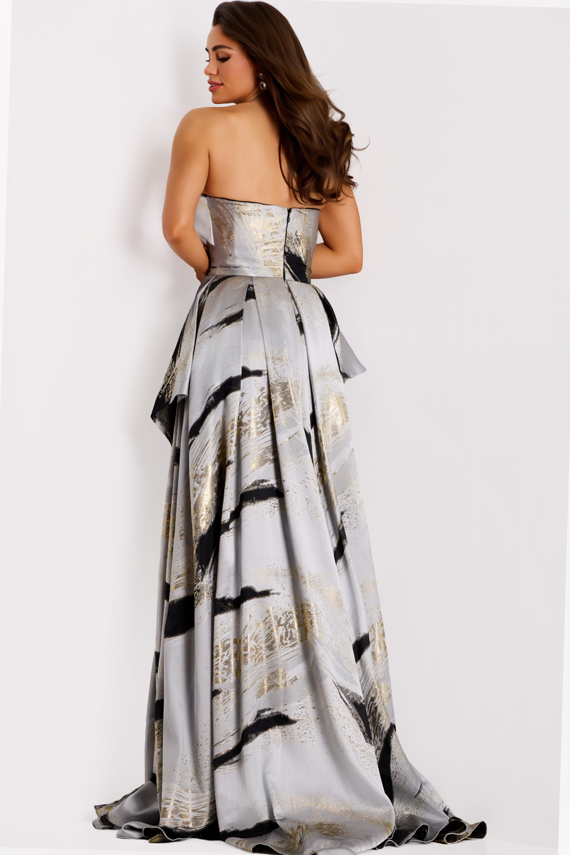 Formal gown with bold brushstroke patterns and structured silhouette