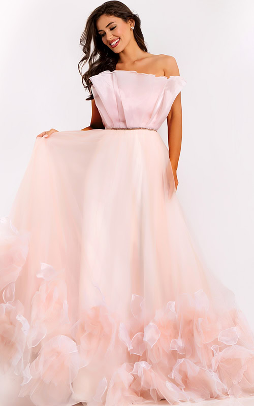 Romantic evening gown with strapless neckline and ruffled details