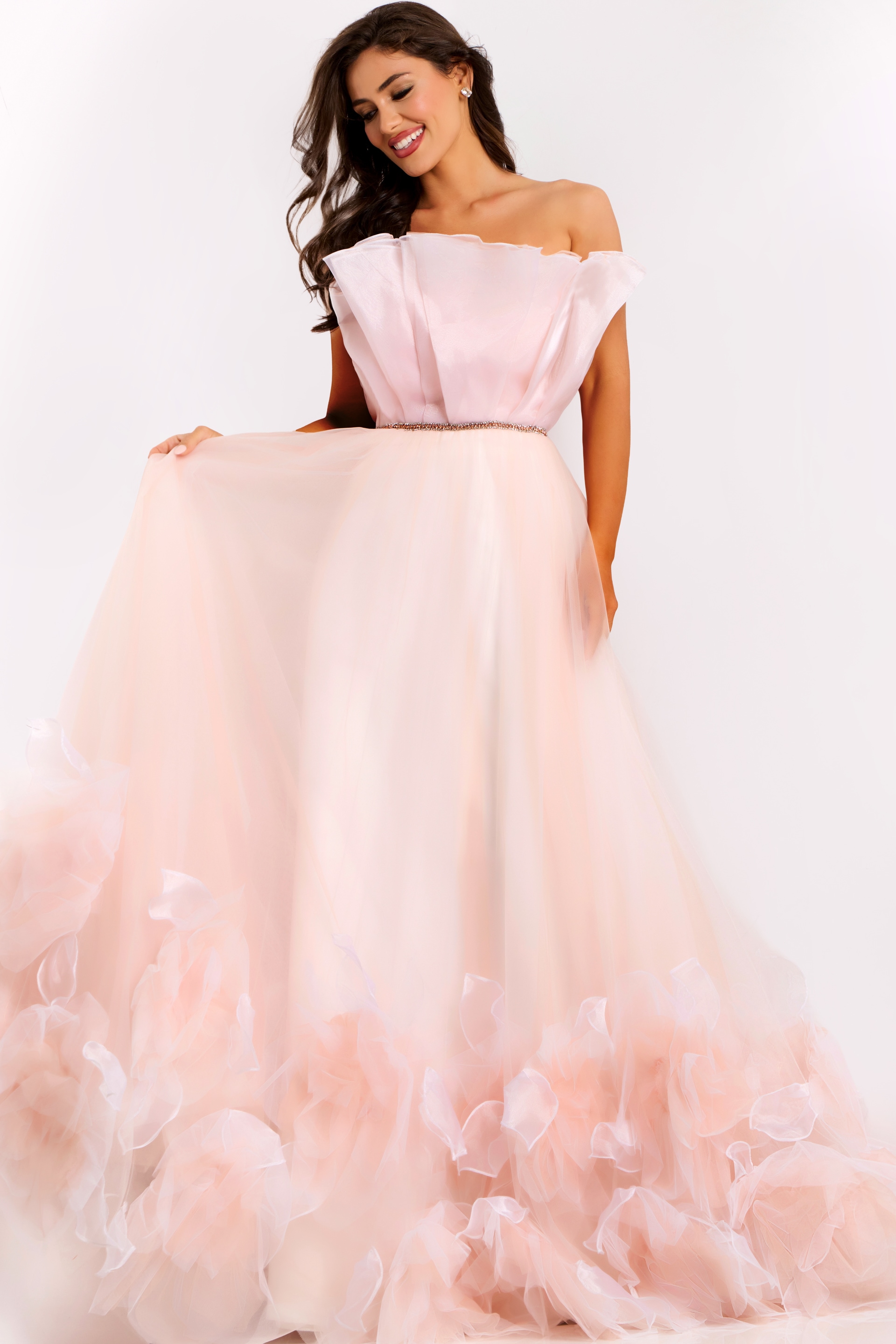 Romantic evening gown with strapless neckline and ruffled details