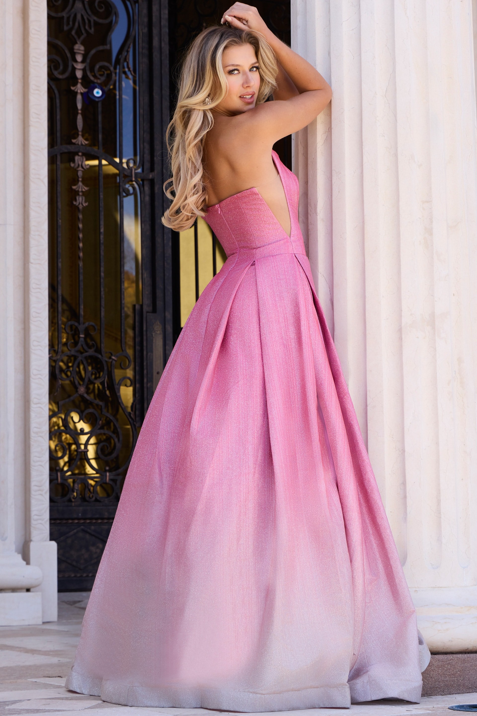 Scoop neck formal dress with pleated skirt and sparkle