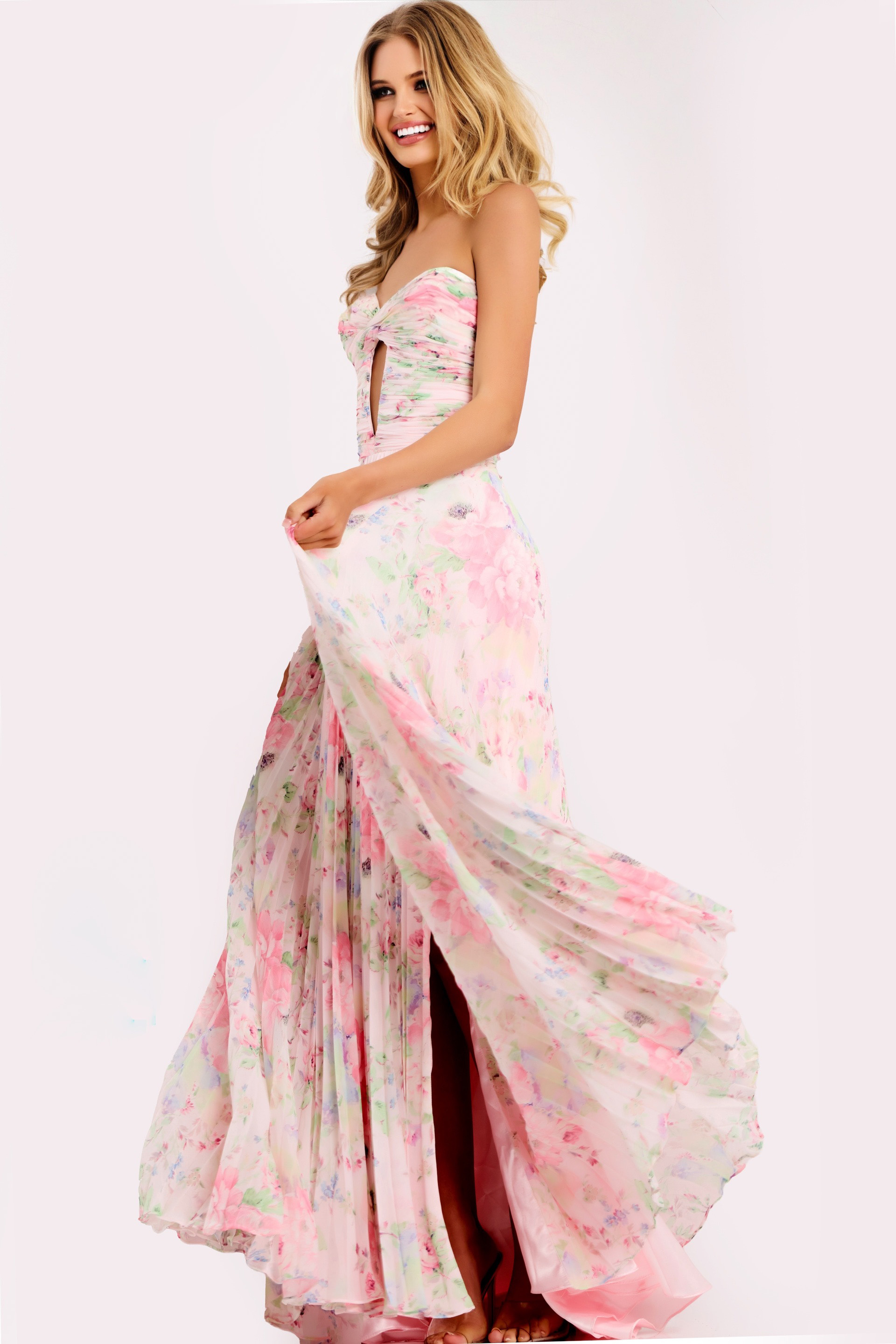 Romantic floral pleated dress with ruched top and open front slit