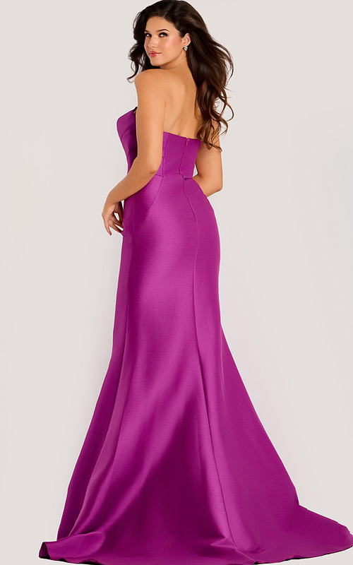 Strapless satin gown with a sleek fitted silhouette and subtle train, featuring a smooth back zipper closure.