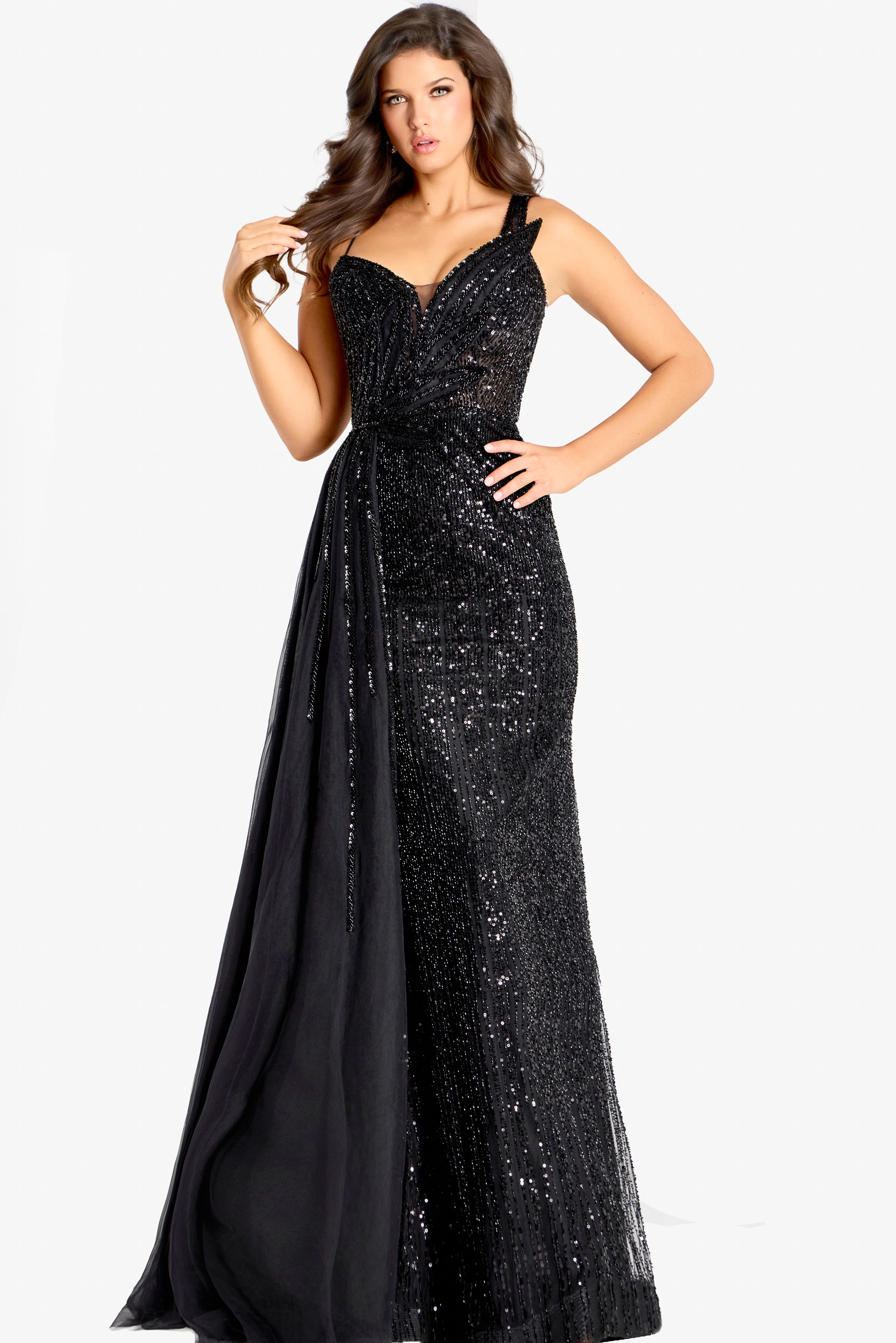 Elegant fitted black gown featuring shimmering sequins and open back