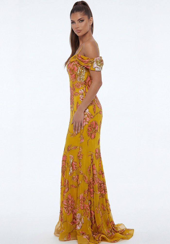 Fitted floral embellished gown with soft tulle hem