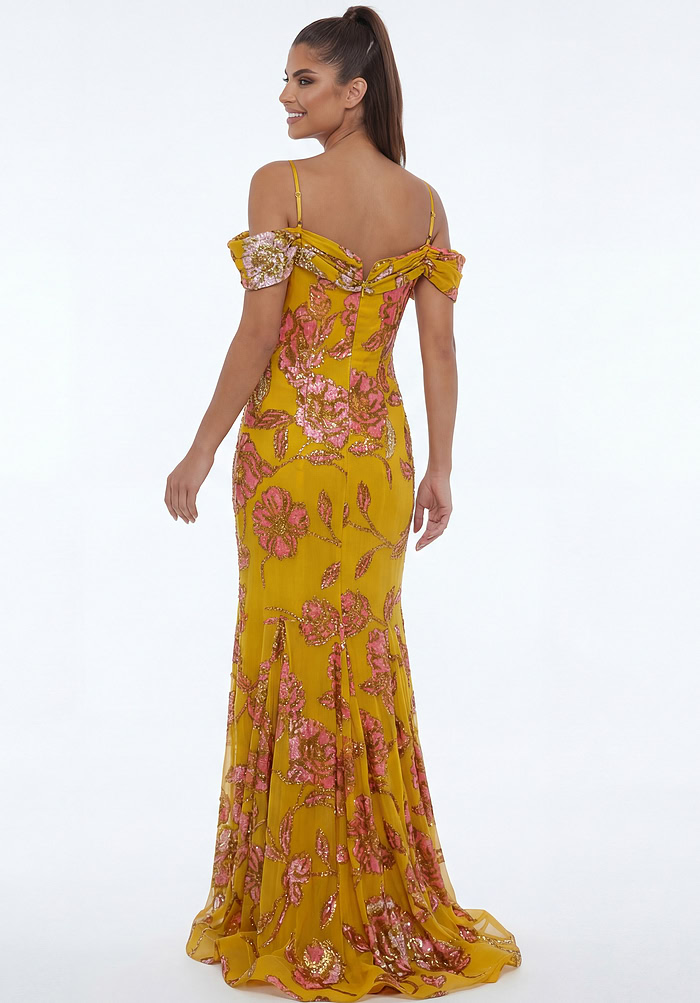 Gold and pink floral fitted gown with delicate straps