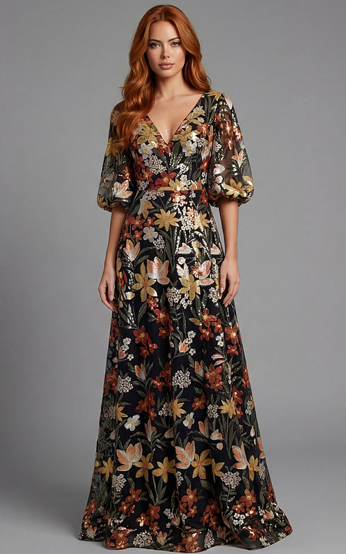 Floral gown with fitted back bodice and flowing hemline