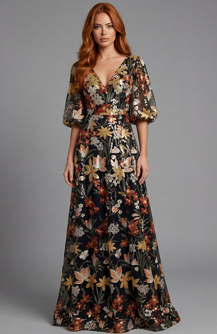 Floral gown with fitted back bodice and flowing hemline