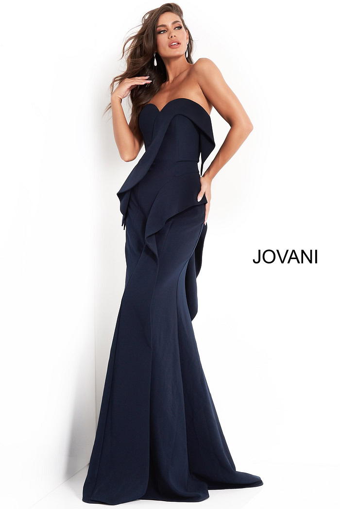 Model wearing Jovani 4466 navy dress with mermaid silhouette featuring a sweetheart neckline.