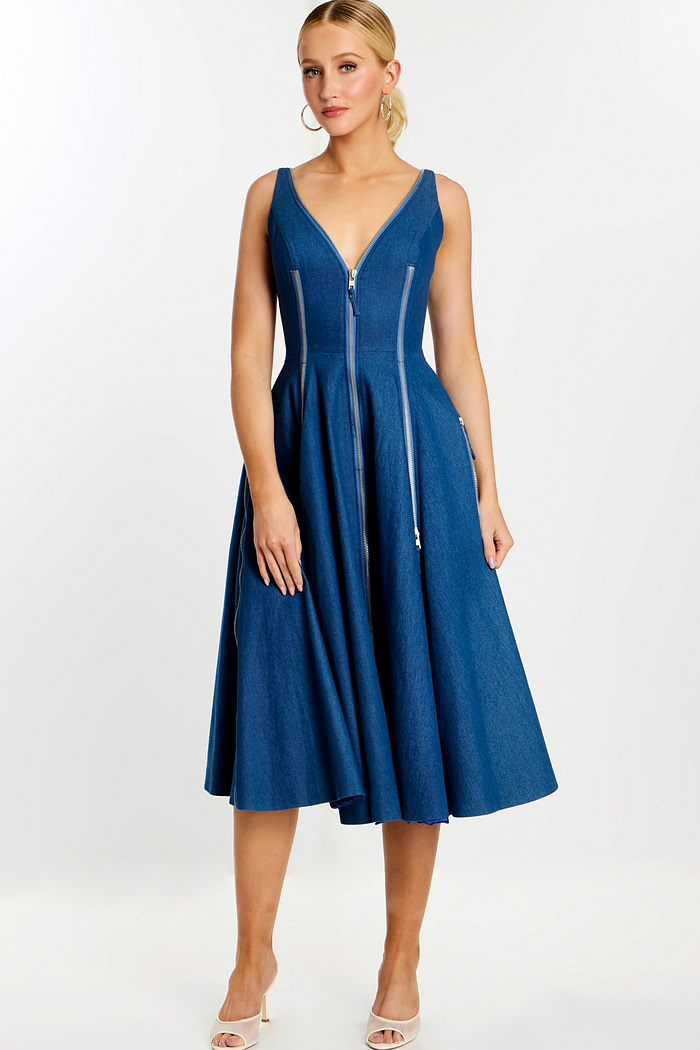 Front view of sleeveless denim midi dress with plunging neckline and zipper accents
