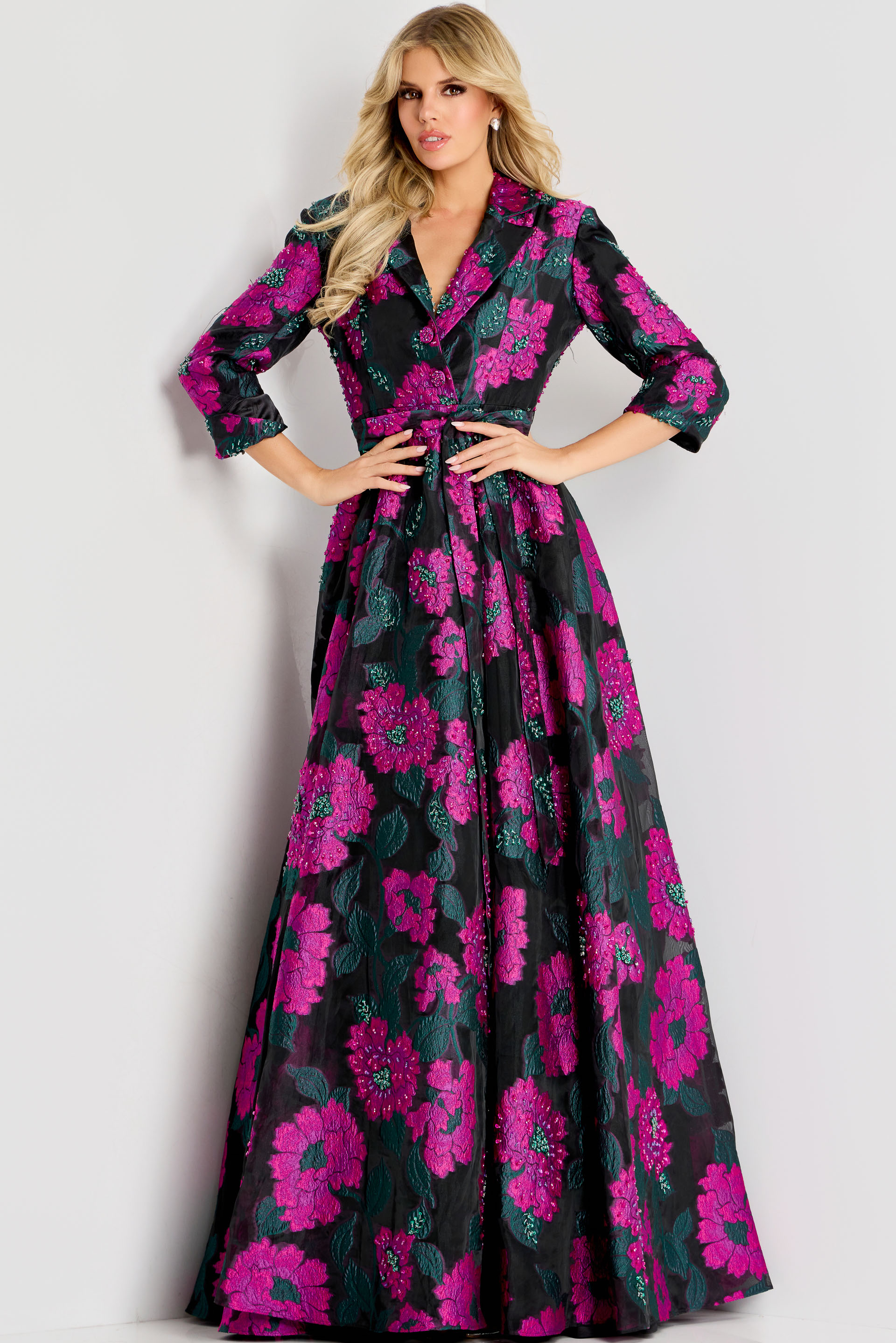 Floral jacquard gown with tailored blazer-style bodice, three-quarter sleeves, and full A-line skirt.