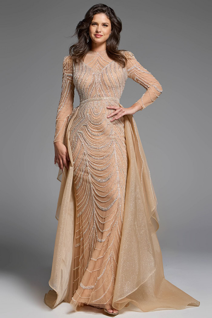 Full-length gown showcasing shimmering embellishments and an airy tulle train.