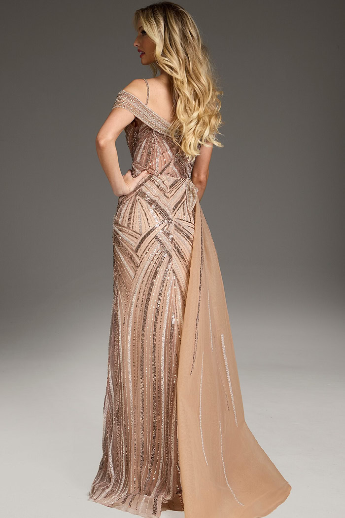 Back view of model wearing Jovani 44843, showcasing intricate beadwork and a graceful drape.