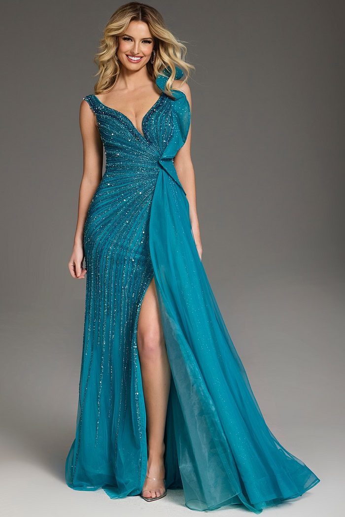 Model wearing Jovani 44846 full-length blue gown with V-neckline and high slit