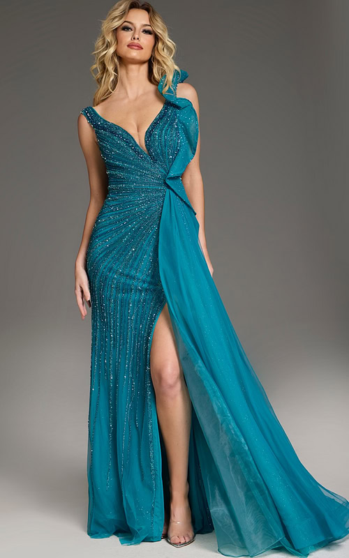 Model wearing Jovani 44846 blue gown with V-neckline and slit from a front angle