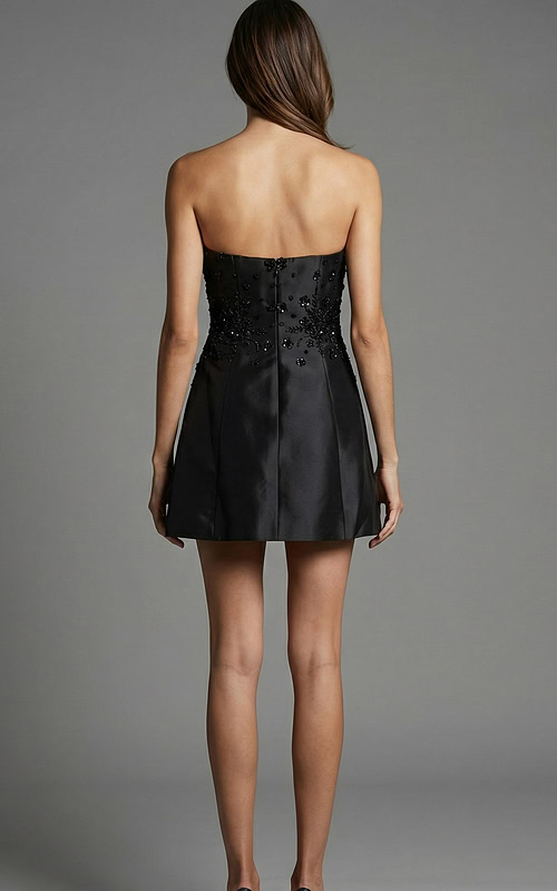 Back view of strapless short dress with embellished bodice and smooth zip back closure