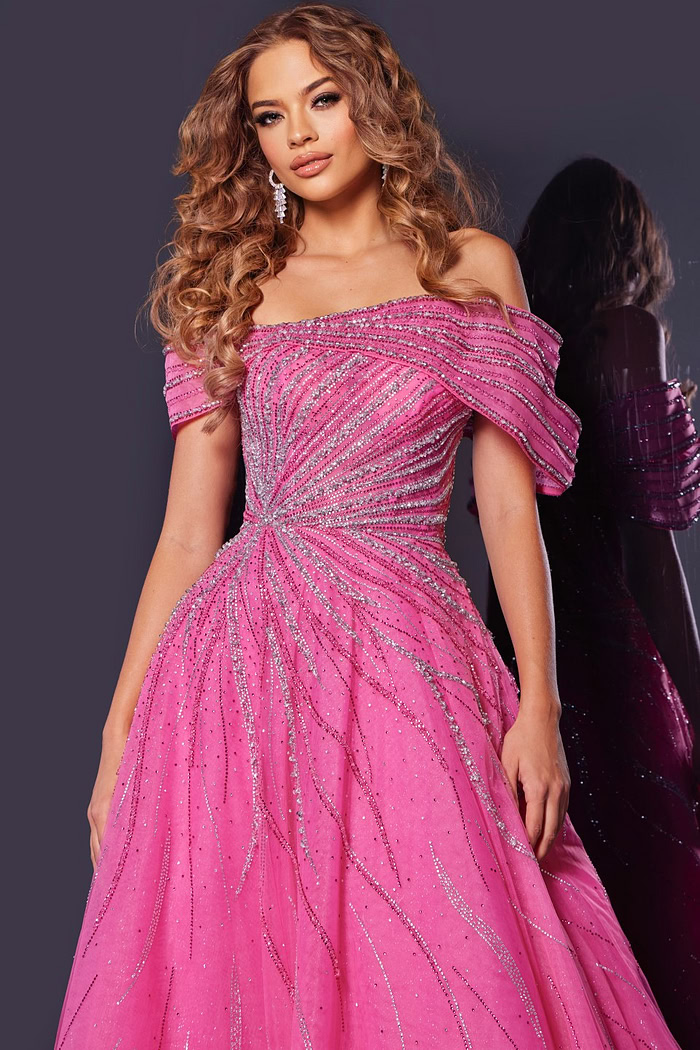 Model wearing Jovani 45067 fuchsia gown with detailed bodice and off-the-shoulder sleeves, close-up front view.