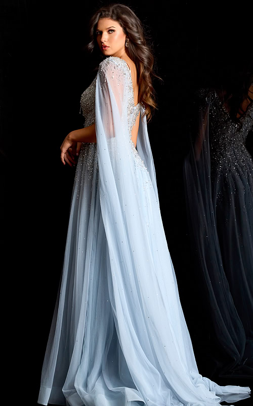 Light blue beaded gown with flowing sheer cape and deep V neckline