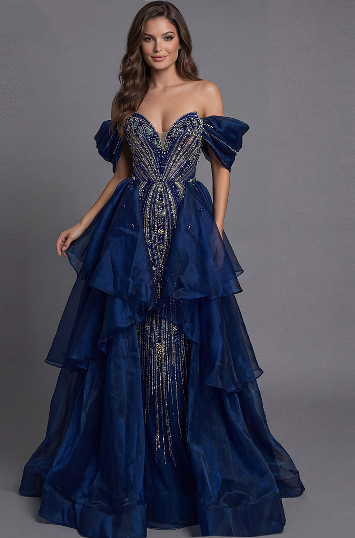 Jovani 45076 navy blue off-the-shoulder ball gown with crystal and silver beaded bodice, puff sleeves, deep sweetheart neckline, and tiered layered organza skirt with beaded center panel.