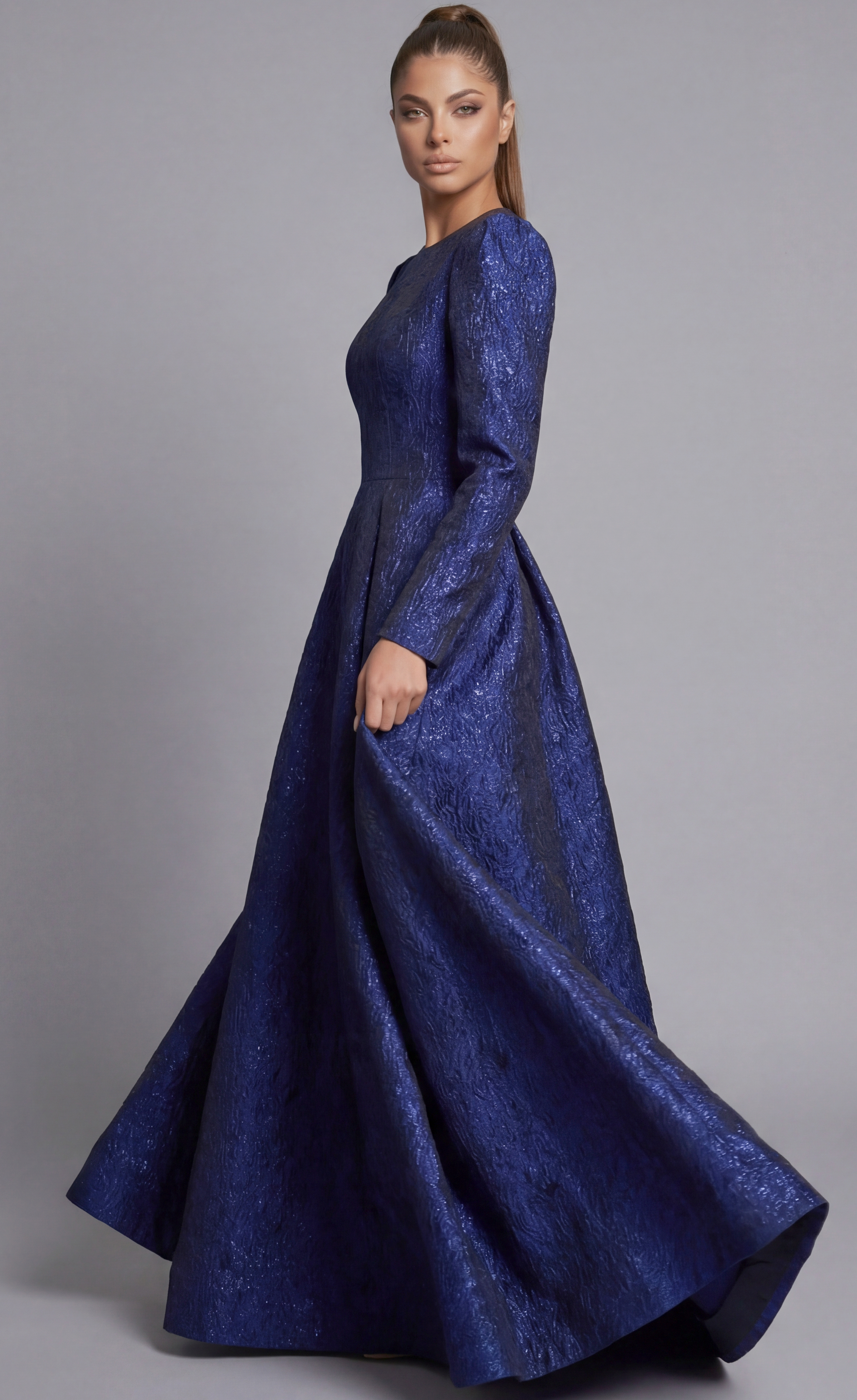 Structured Jovani modest evening dress with textured fabric and fitted bodice