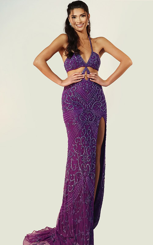 Elegant fitted beaded gown with open back and halter neckline