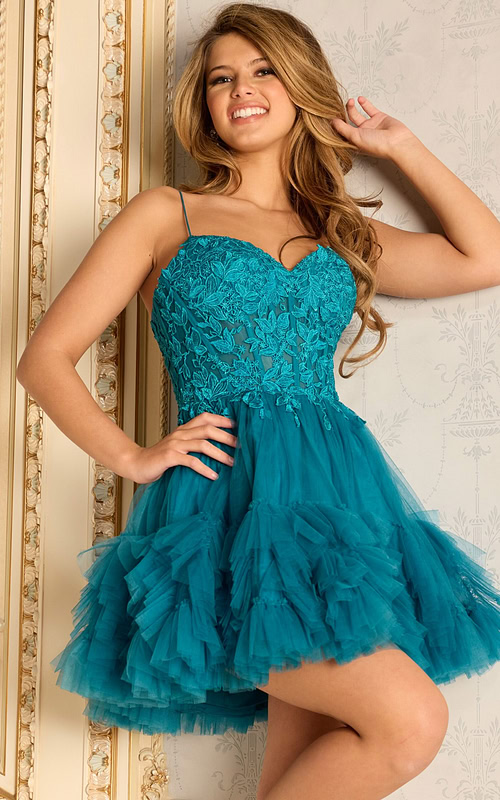 Short teal tulle dress with embroidered bodice and spaghetti straps