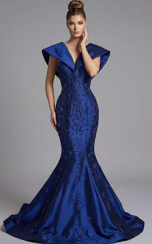 beaded mermaid gown with deep V neckline and sculpted collar
