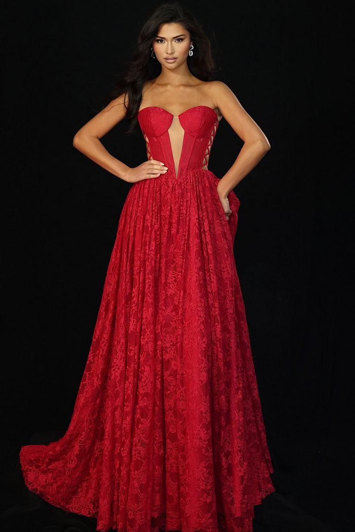 Strapless lace ball gown prom dress with corset bodice and sheer neckline