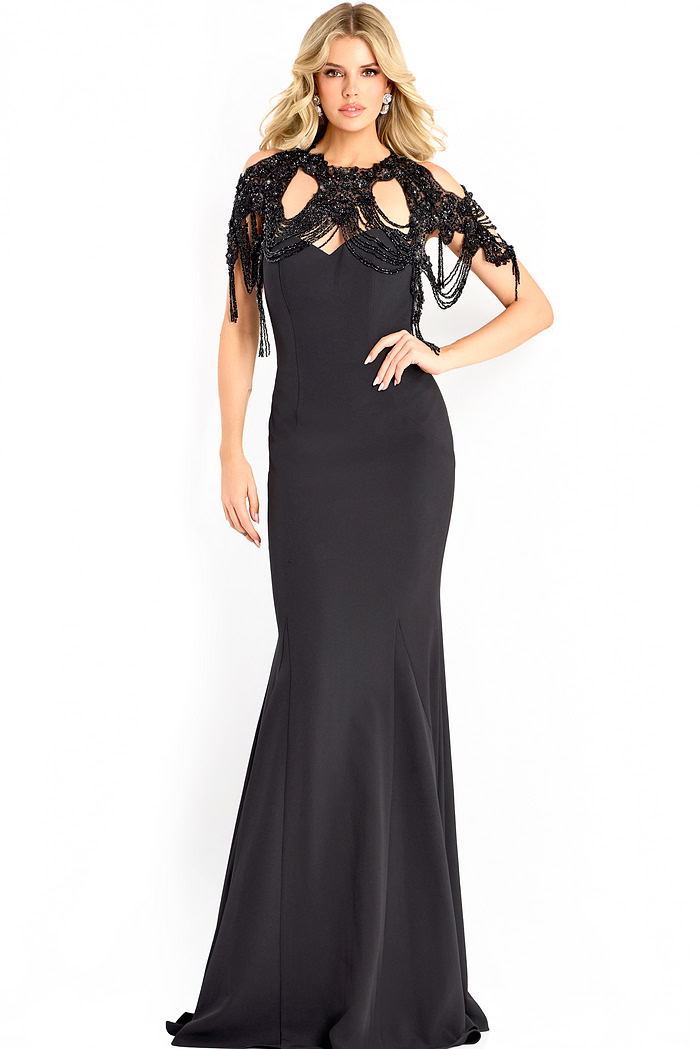 Elegant fitted gown with beaded shoulder cape