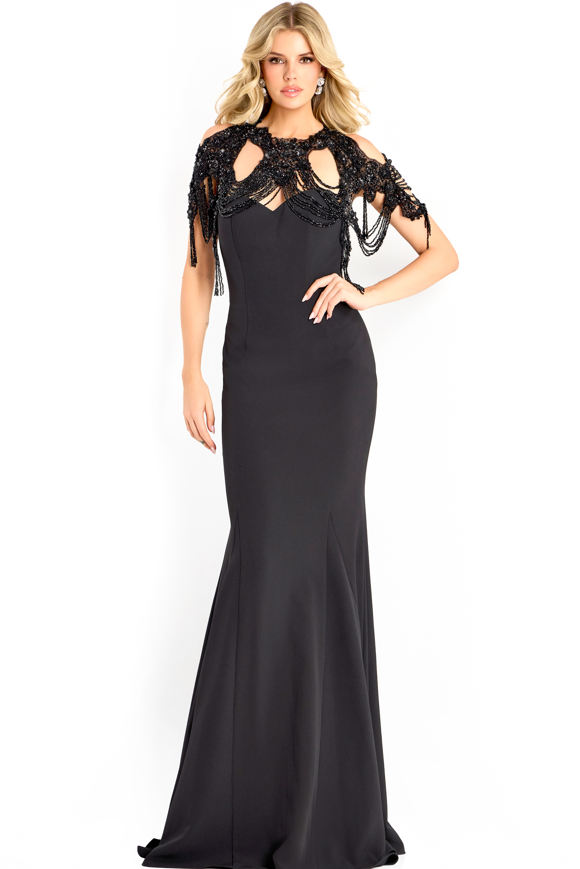 Elegant fitted gown with beaded shoulder cape
