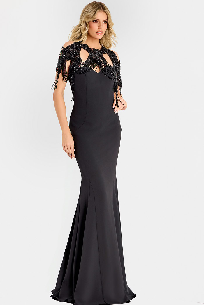 Black evening dress with fringe beaded detailing