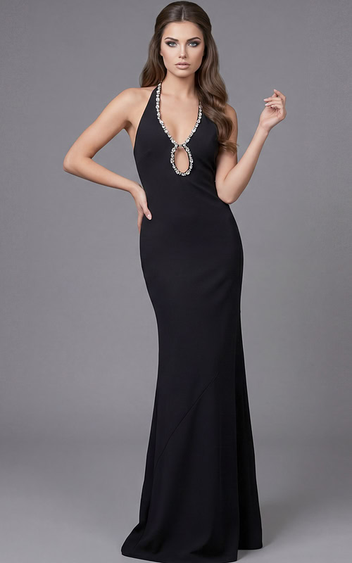 Front view of a fitted halter gown with crystal trim and deep neckline detail