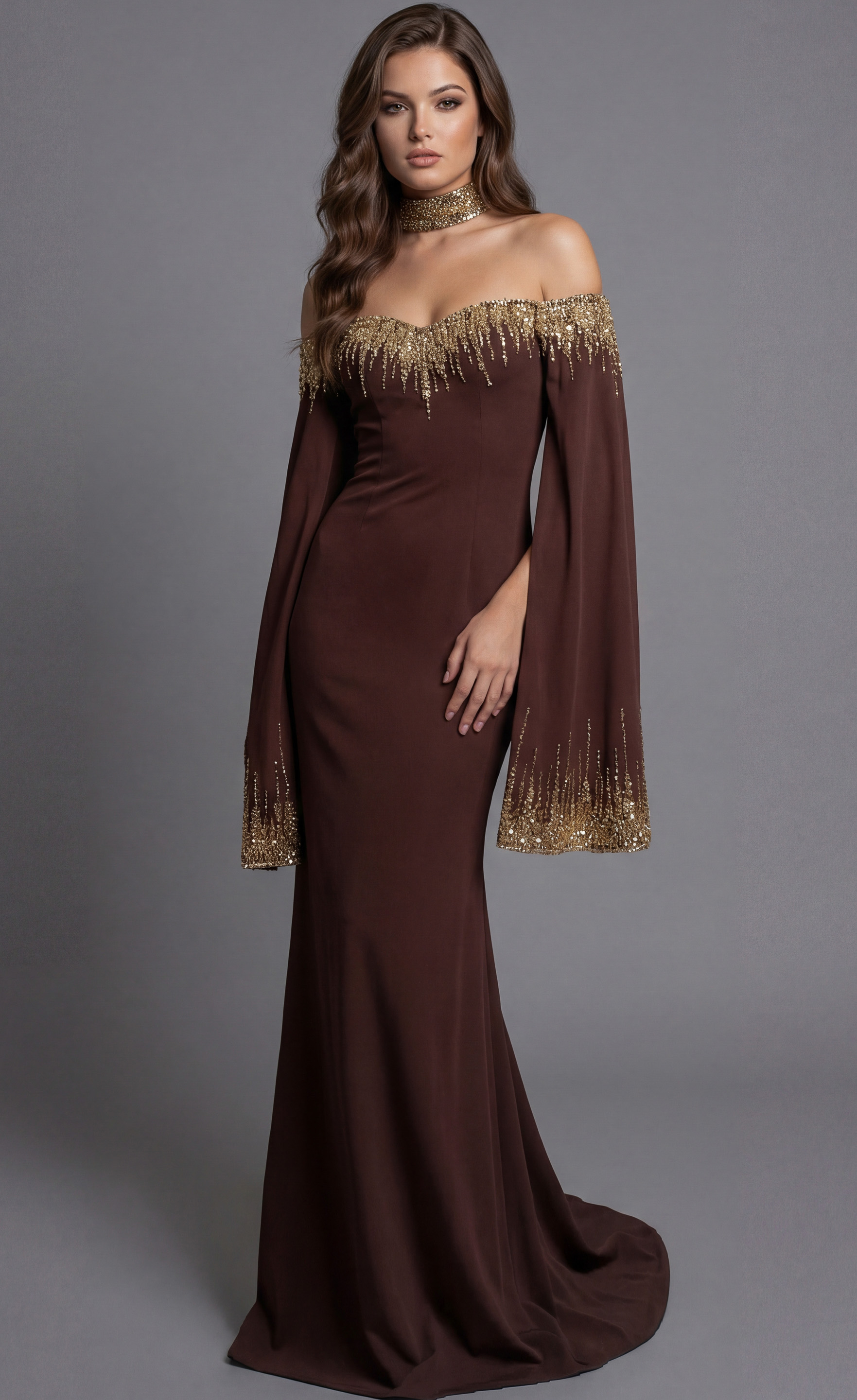 Brown off the shoulder mermaid dress 45535