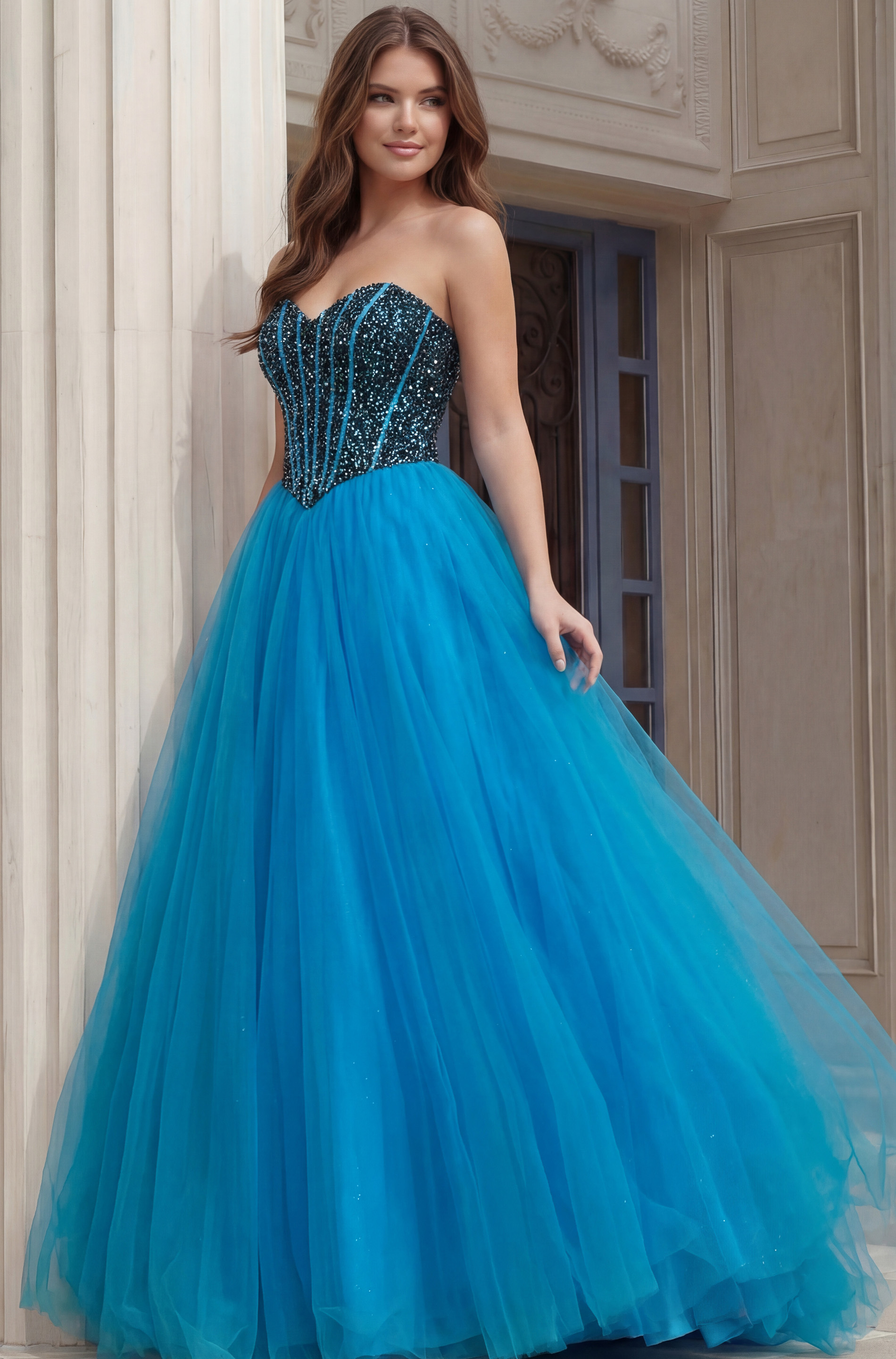 blue corset bodice tulle ball gown 45539