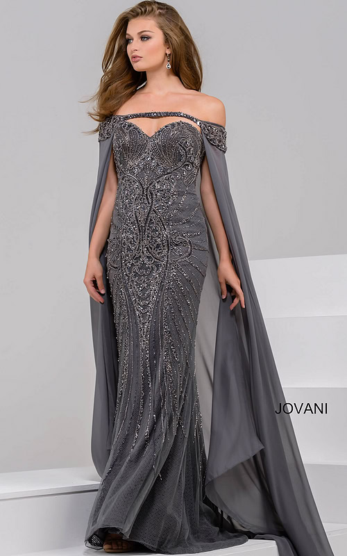 Model wearing Jovani 45566 gray gown with off-the-shoulder neckline and beaded design, front view.