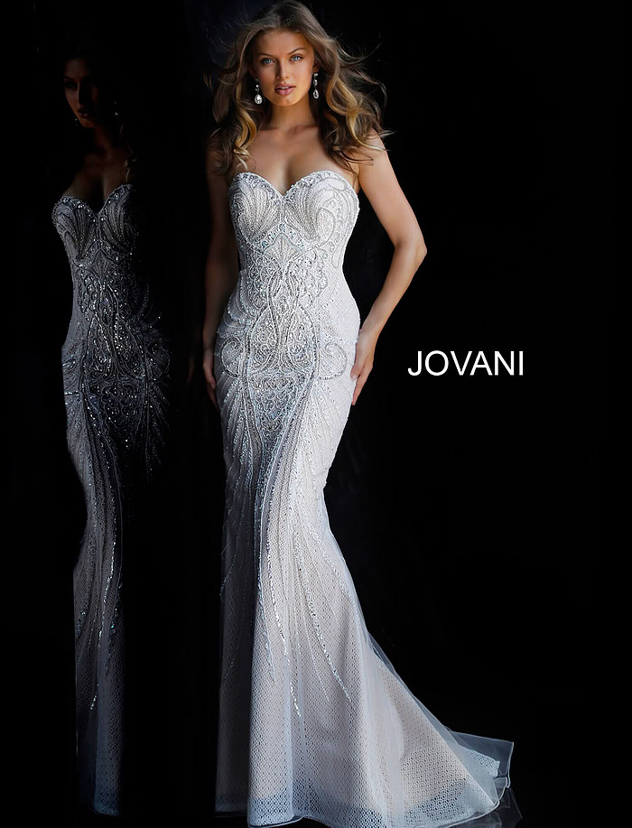 Model wearing Jovani 45566 ivory gown with intricate beading, front view.