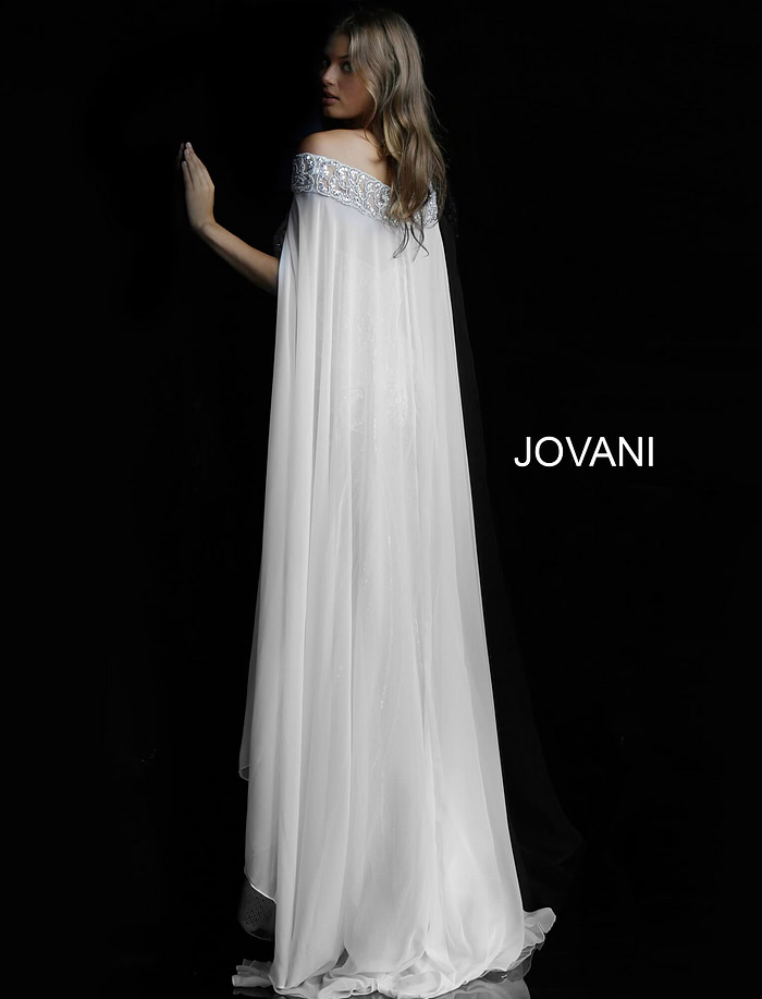 Model wearing Jovani 45566 Ivory off the Shoulder Embellished Wedding Dress