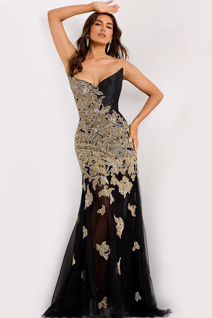 Strapless black evening dress featuring intricate gold lace embellishments.