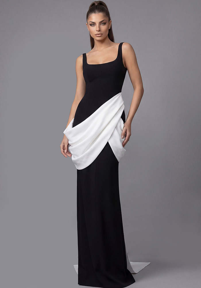 Sleeveless black formal gown with sculpted silhouette