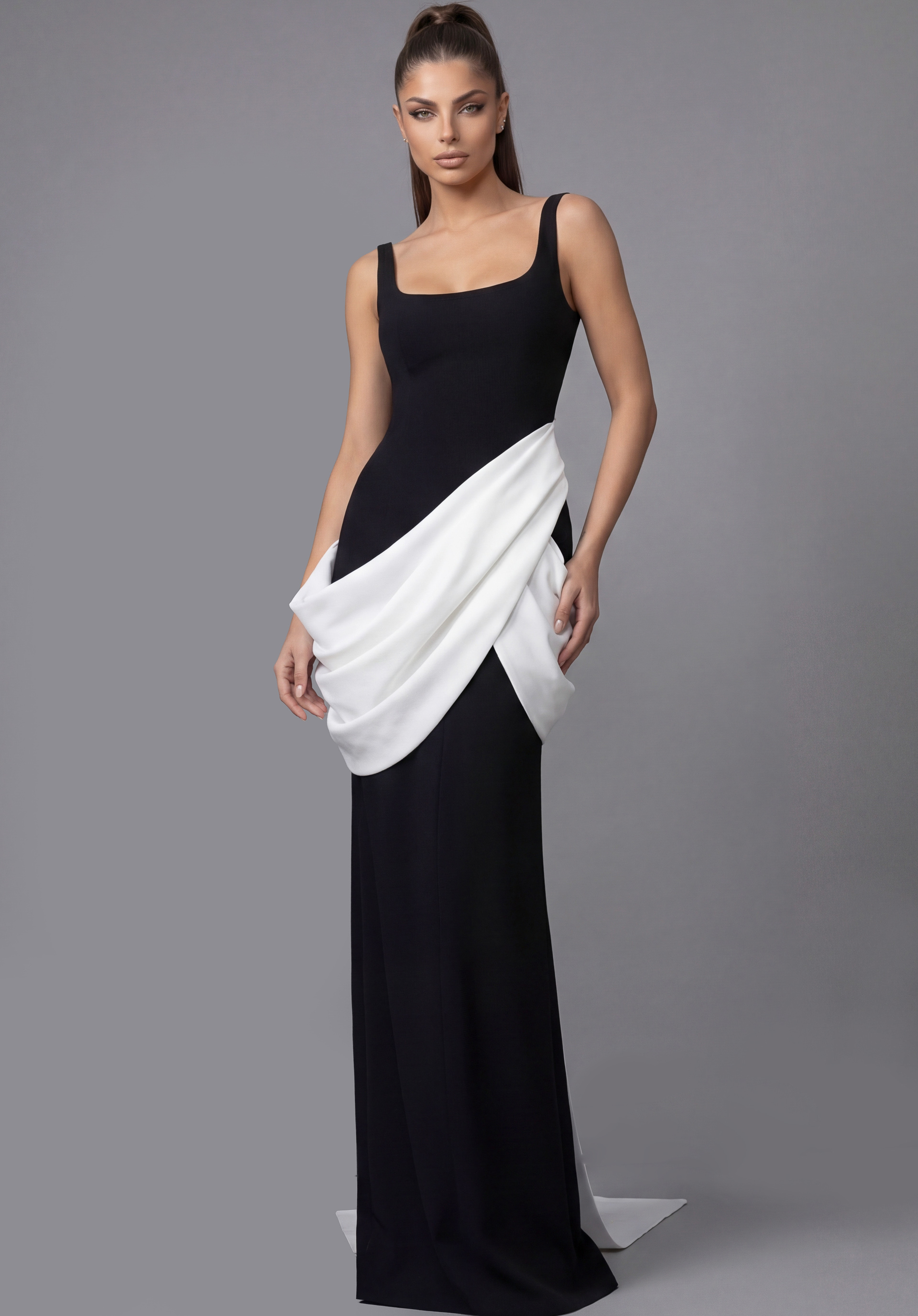 Sleeveless black formal gown with sculpted silhouette