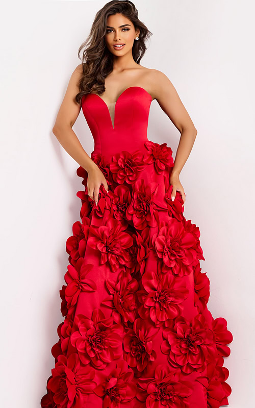 Red strapless prom dress with 3D flower details