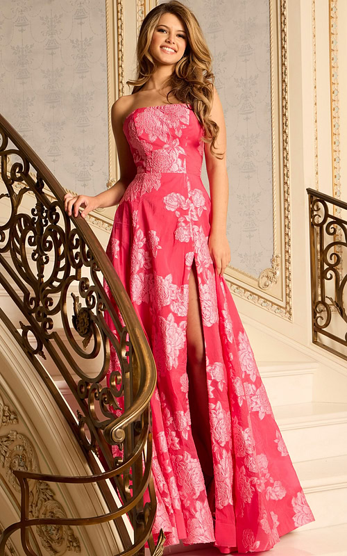 Strapless Jacquard Gown With Floral Details And Slit