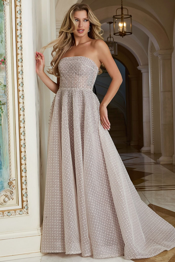 Strapless grid-textured A-line gown with full skirt